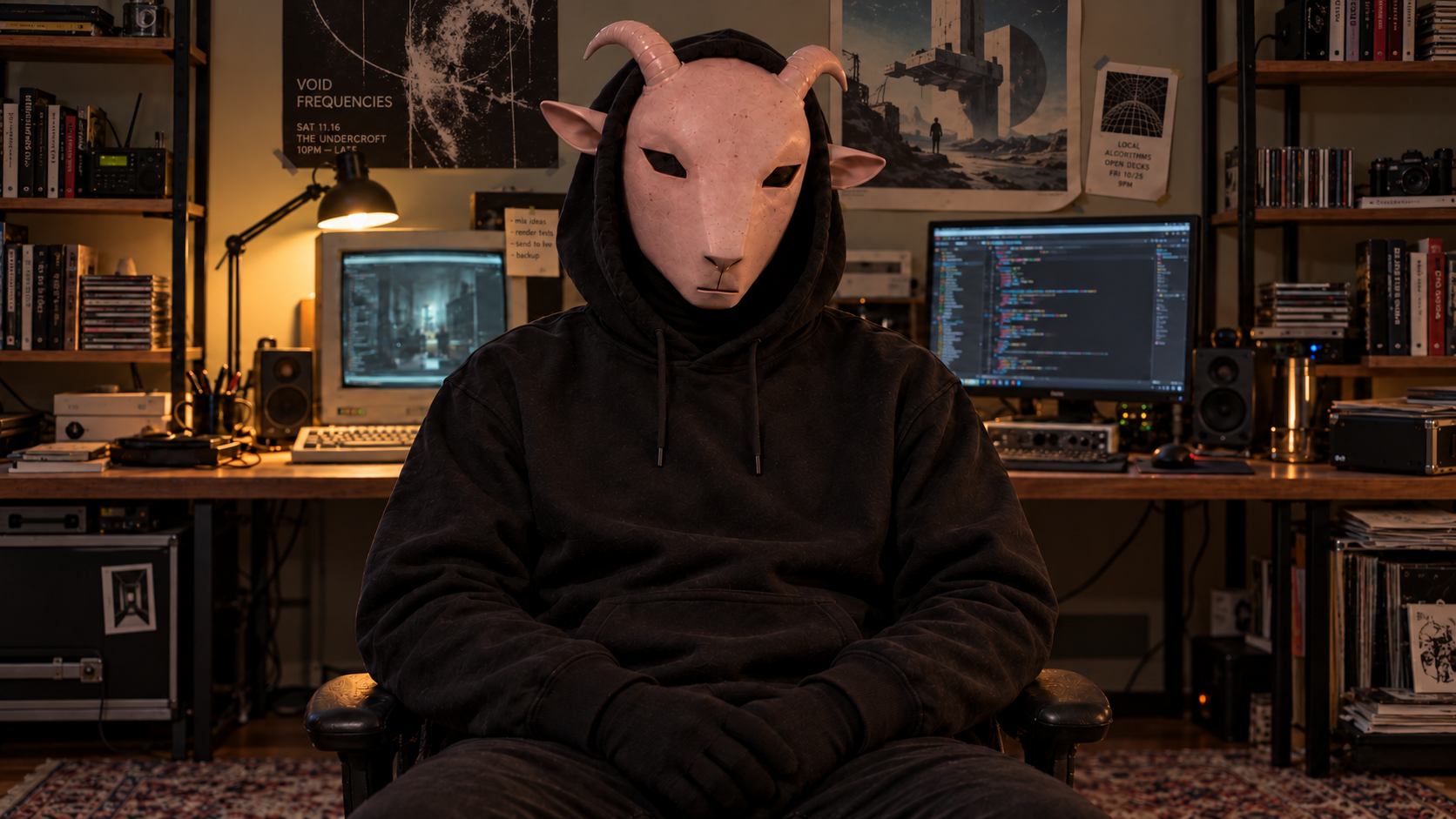 The Messenger, a person in a pink goat mask, black hood and gloves, seated in a warmly lit room of books, records and computers